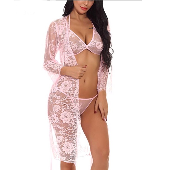 4 Pieces Sheer Lace Long Robe Lingerie-Pink - Picture 5 of 7